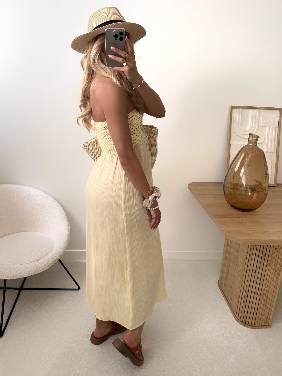 Robe bustier en crochet et gaze de coton SINY - jaune pâle