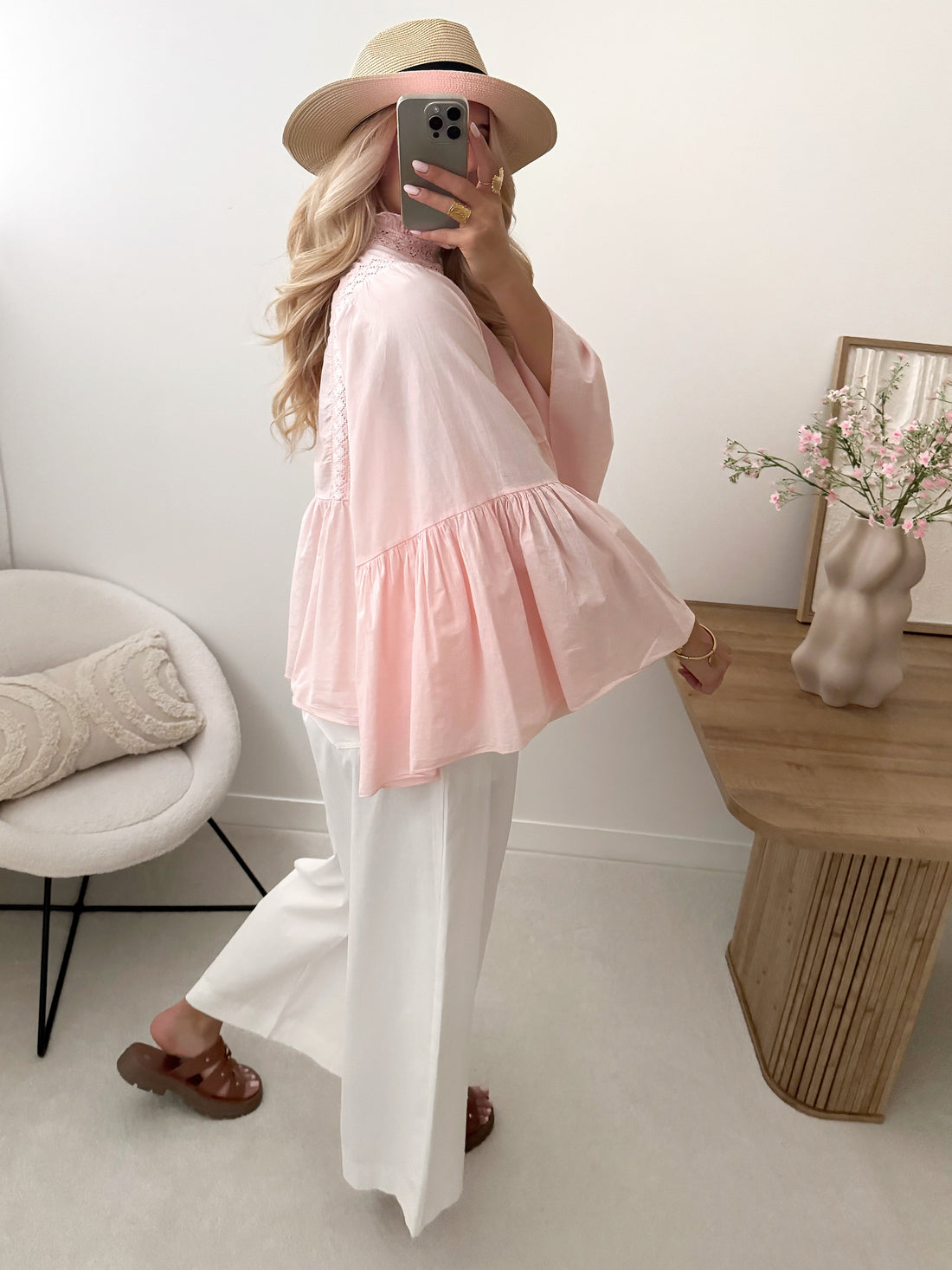 Blouse à manches chauve-souris et broderie PIEVA - rose pâle