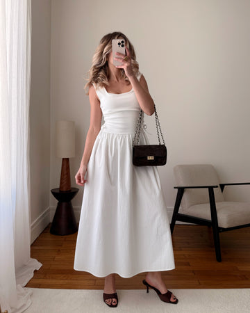 Robe longue bi-matière à bretelles LEYROS - blanc