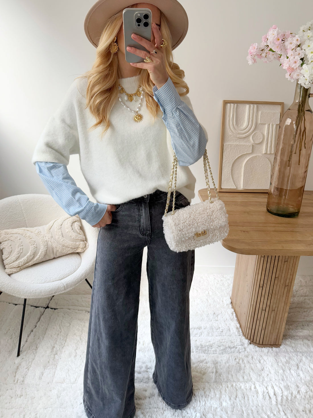Pull 2 en 1 manche chemise écru LUCERA