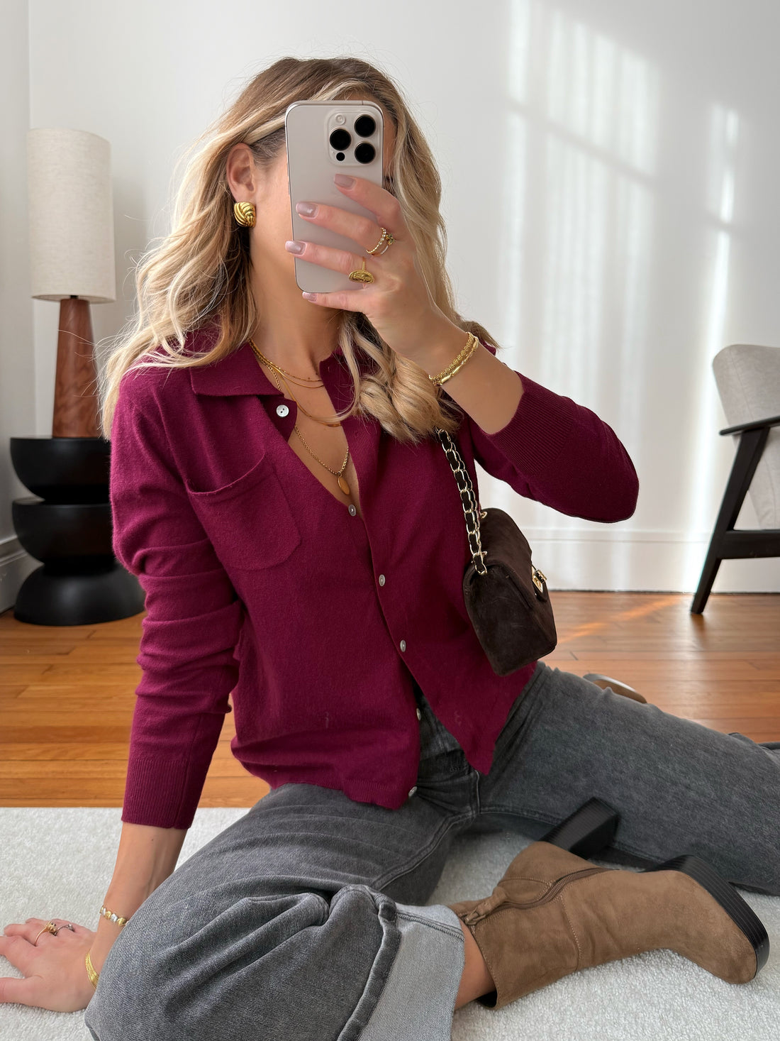 Cardigan maille fine FLORIS - bordeaux