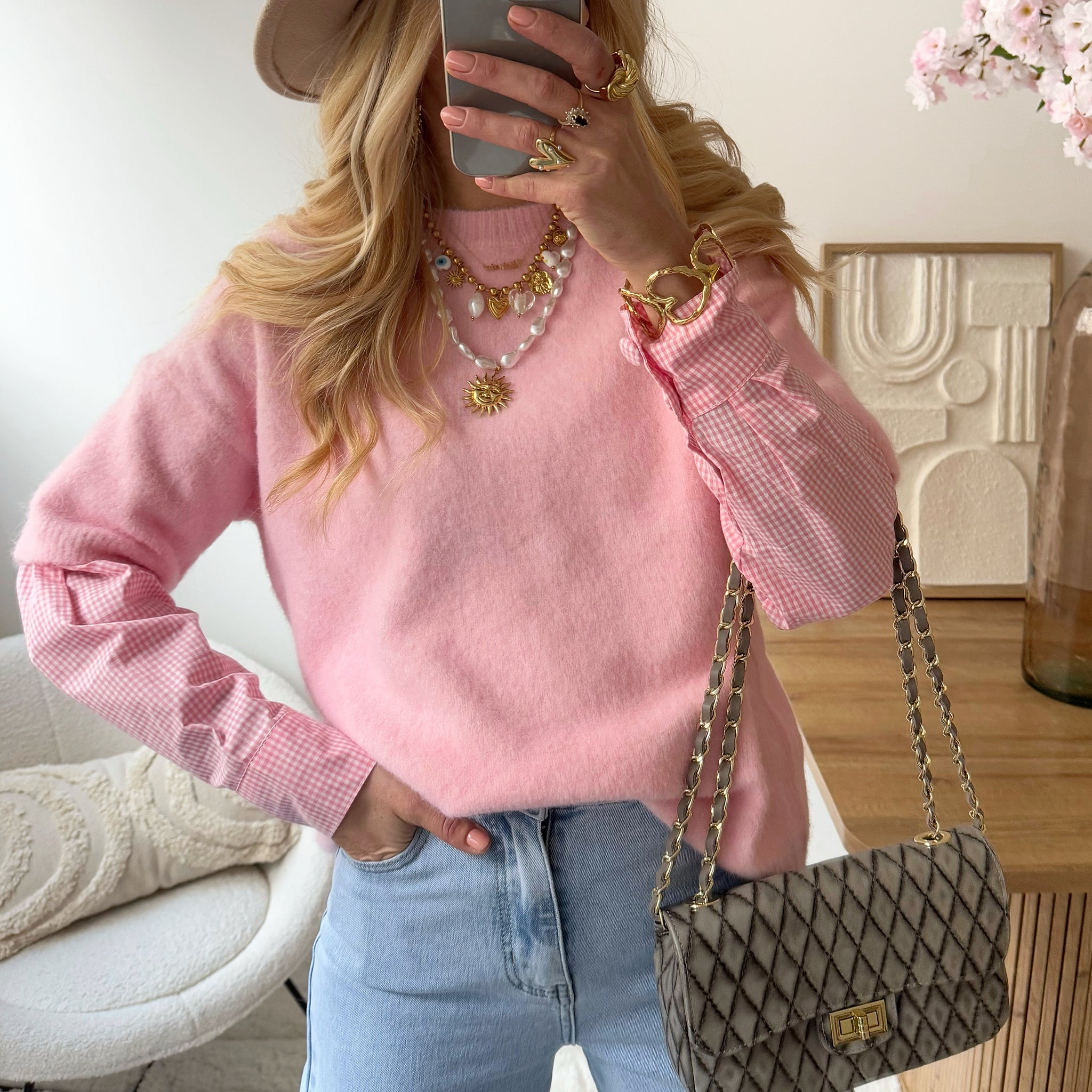 Pull 2 en 1 manche chemise rose LUCERA