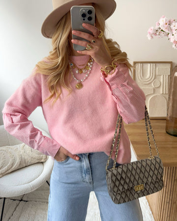 Pull 2 en 1 manche chemise rose LUCERA