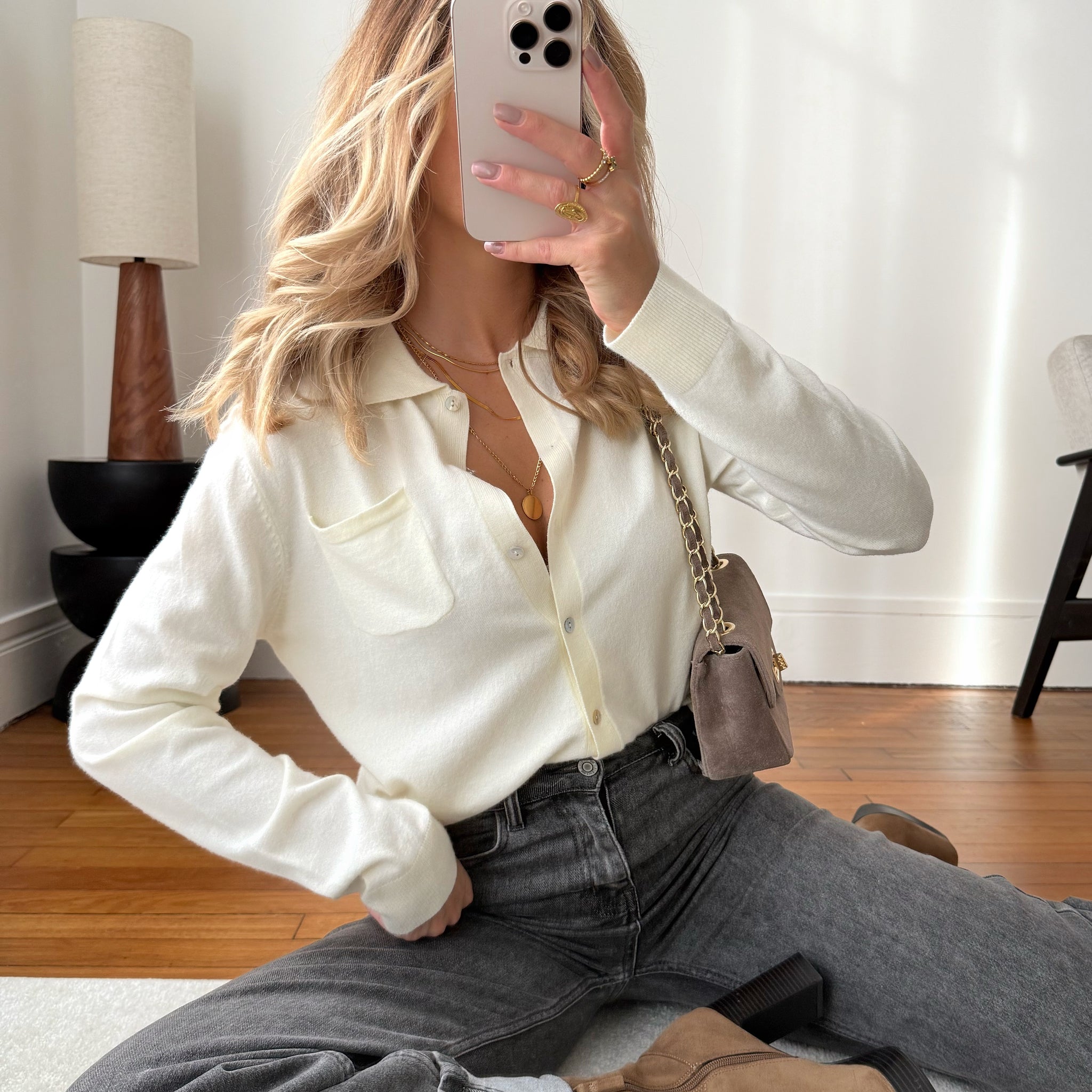 Cardigan maille fine FLORIS - écru