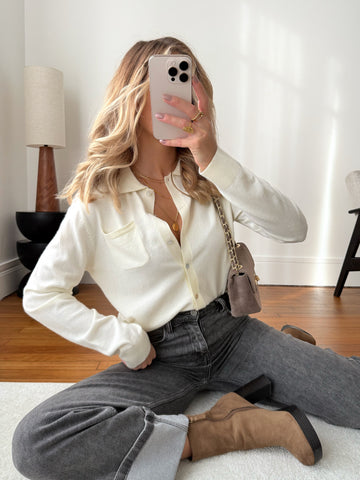 Cardigan maille fine FLORIS - écru