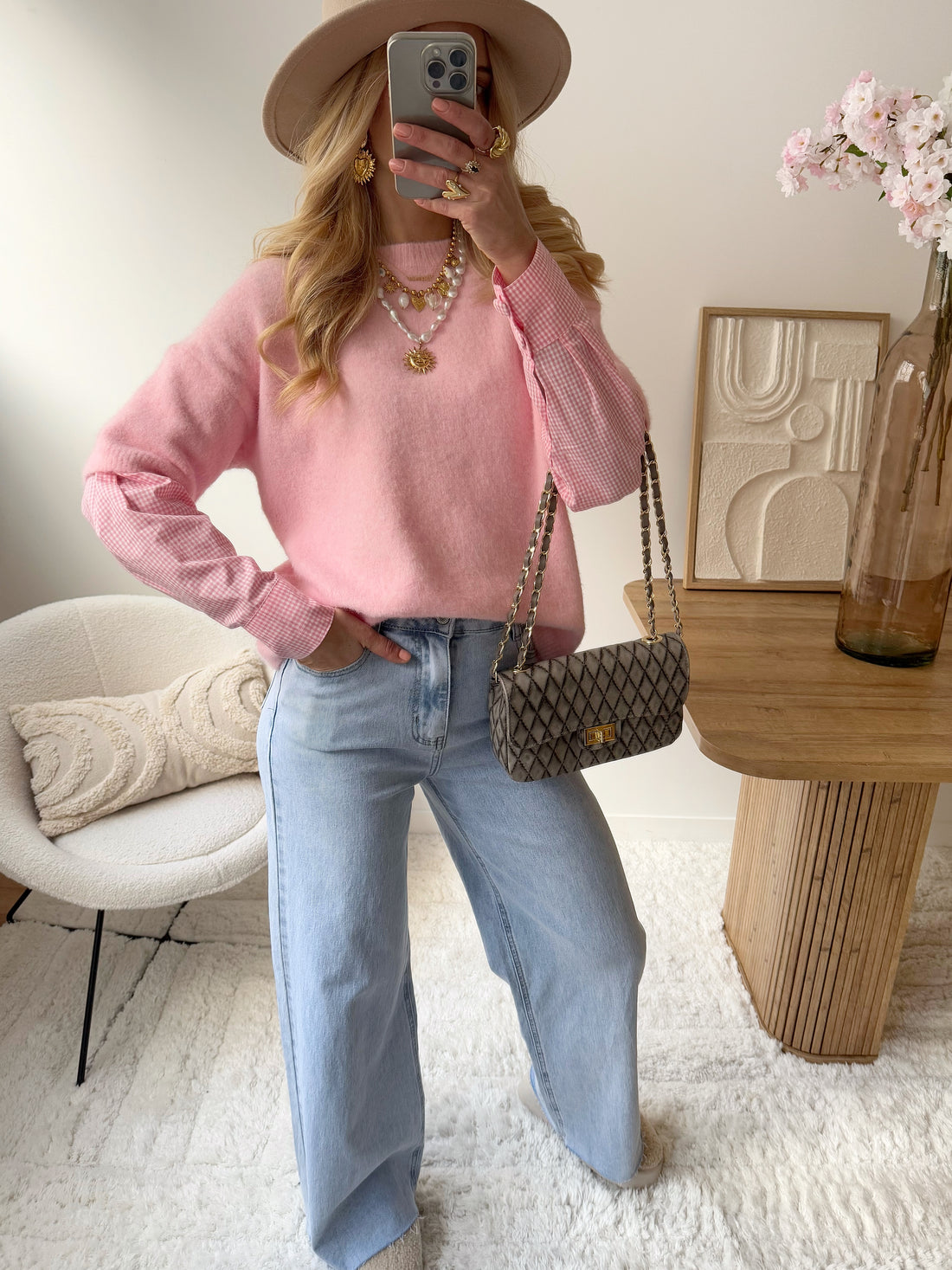 Pull 2 en 1 manche chemise rose LUCERA